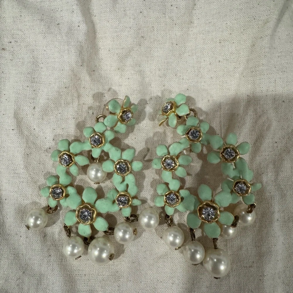 J. Crew Green Floral Earrings with Pearl Accents - Picture 2 of 3